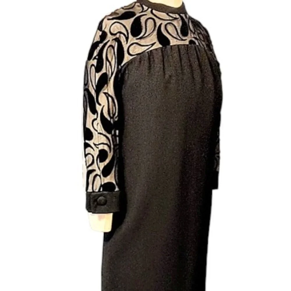 1960s Vintage Black Cocktail Dress With Sheer Top & Black Paisley Designs LBD - Picture 2 of 11